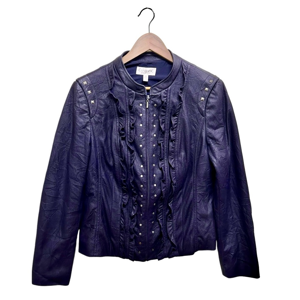 Conrad C Purple Zip Front Ruffle Moto Faux Leather Jacket Size 10